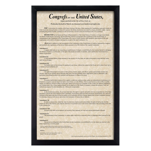 Framed Bill of Rights Parchment Paper Wood Frame Glass Pane