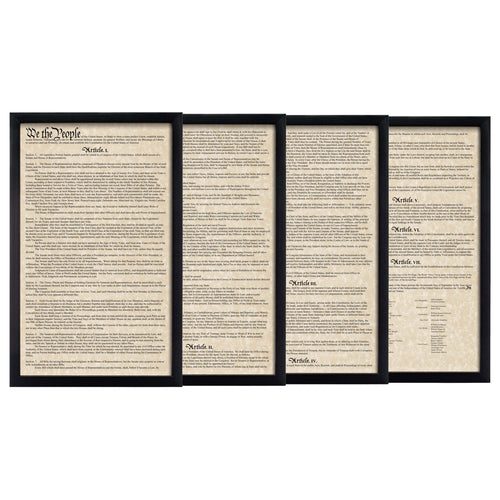 Framed U.S. Constitution Parchment Paper Wood Frame Glass Pane